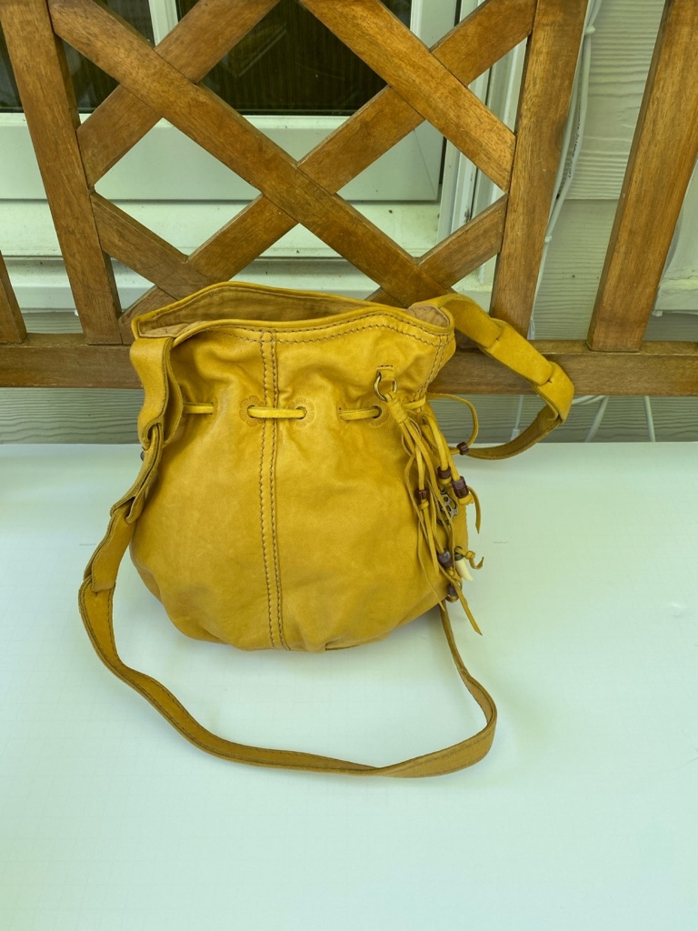 Lucky Brand Mustard Yellow Leather Drawstring Bucket Bag